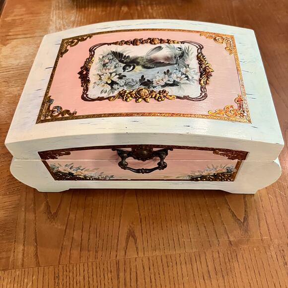 Custom Artisan Upcycled Trinket Sewing Box Decoupage Hand Painted Velvet Mirror - Picture 1 of 16